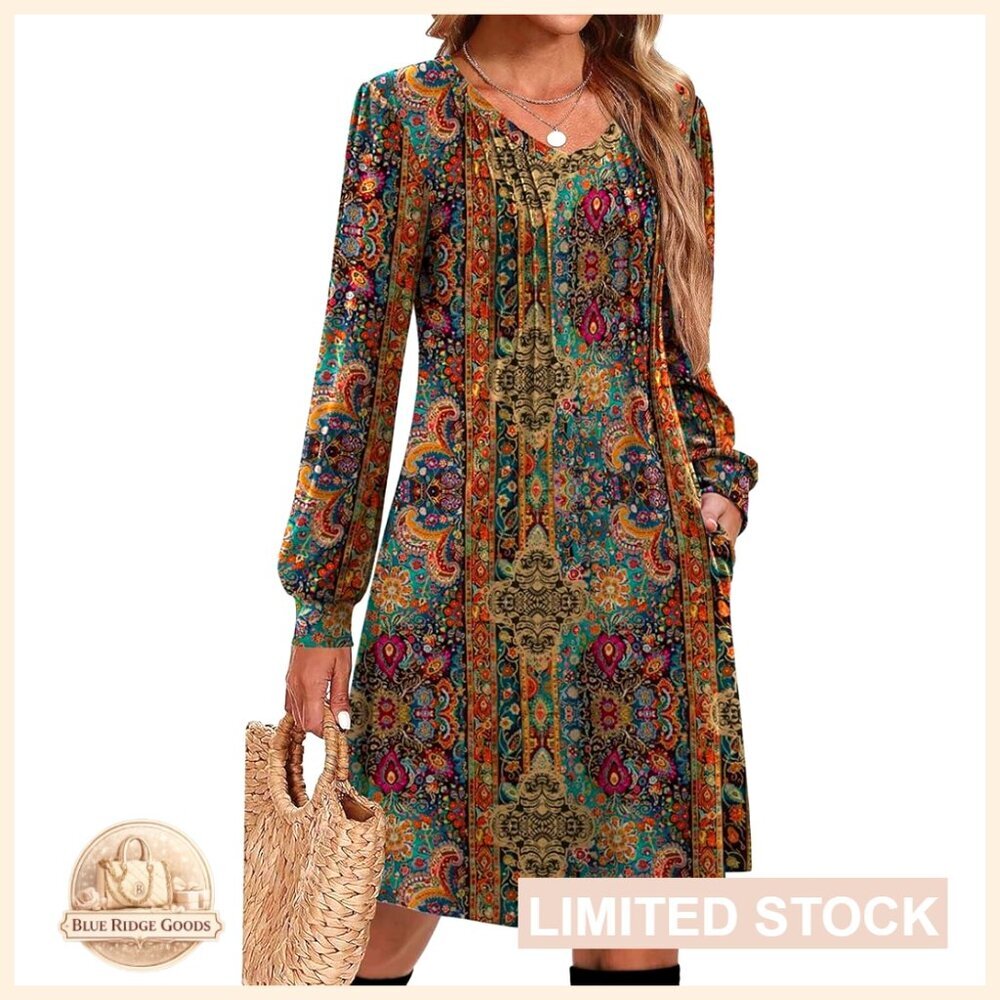 Long Sleeve Pleated V Neck A Line Tunic Dress Casual Chic Fall Winter Wear